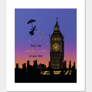 Mary Poppins Whole World at your Feet Sunset Silhouette Linocut Posters and Art